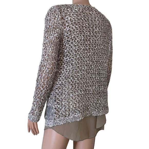 John Fashion brand beige layered open knit topo blouse flowy bottom SZ SM - Picture 5 of 11